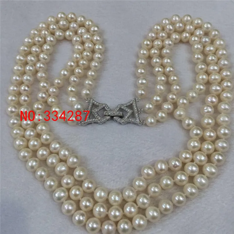 beautiful 3 rows AAA 7-8mm White Round Freshwater Cultured Pearl Necklace