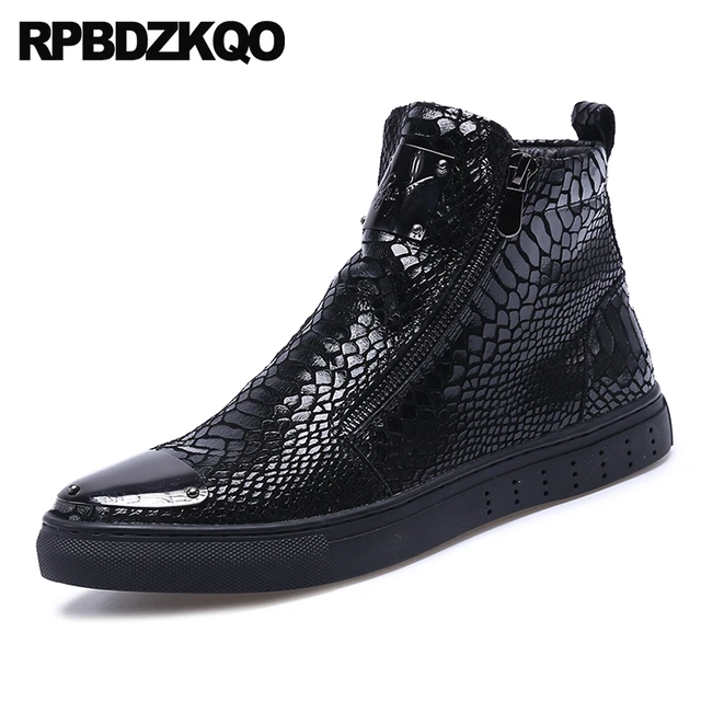 Patent Leather High Top Faux Fur Fashion Designer Shoes Men Quality Metalic  Snakeskin Crocodile Black Sneakers Booties Boots - AliExpress