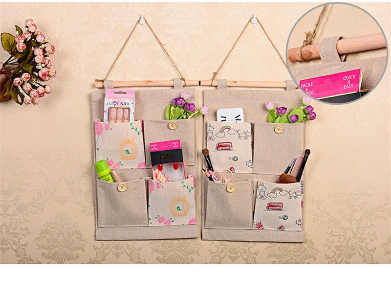 Sweet 4 Lattice Styles Linen Fabric Cotton Pocket Hanging Holder Storage Bags  Rack Makeup Organizer  Storage Box