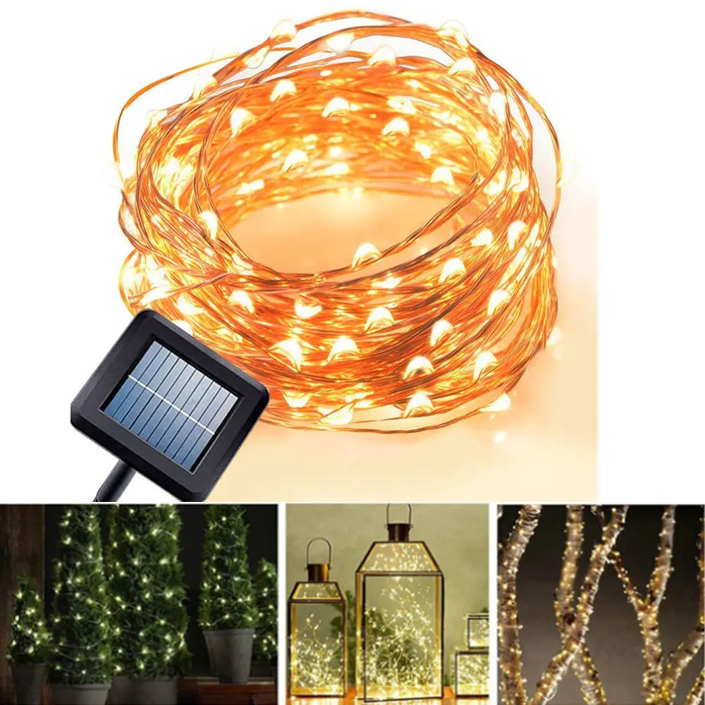 10m 100 led solar luzes led string fio de cobre à prova dwaterproof água ao ar livre fada decoração led guirlanda luzes da corda solar