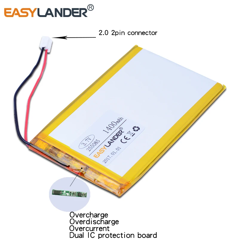 255085 3.7V 1400mAh Polymer Li-ion Battery For MP4 MP5  Speaker  Navigator Traffic recorder  connector 255083 tolino vision