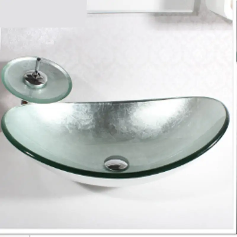 

Rustic Silver Hand-made Tempered Glass Bathroom Vessel Sink Basin Oval Waterfall tap faucet