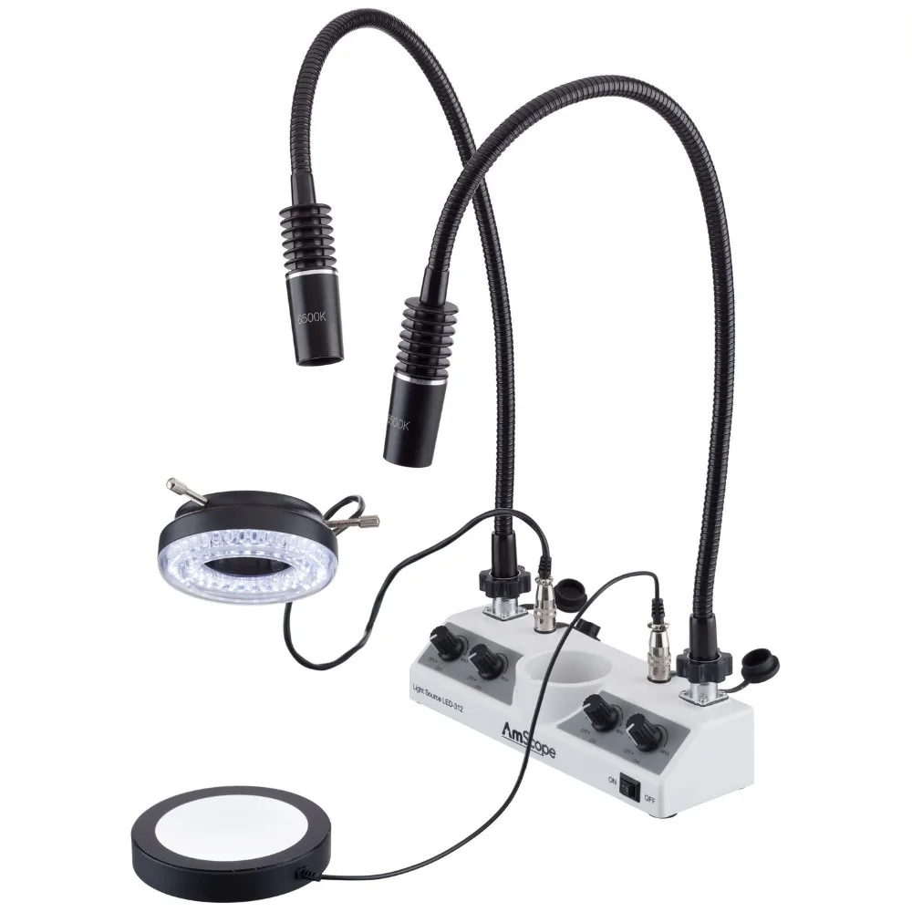 AmScope LED Illuminator Set with Stage-plate Ring Light and two Gooseneck Lamps LED-312W-2GOP