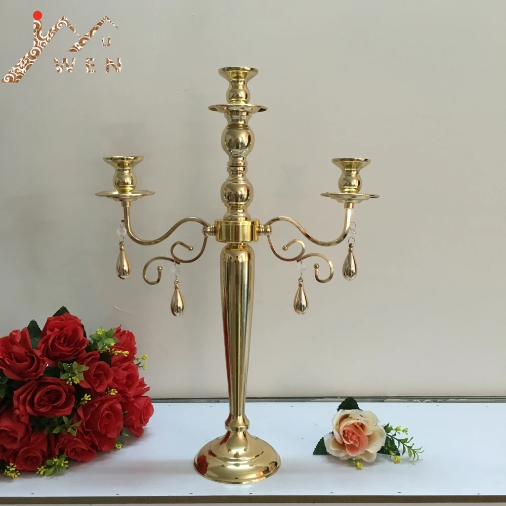 Golden 3 Heads Candelabra Candle Holder With Pendant Table Wedding Centerpiece Party and Event Candlesticks Home Decoration