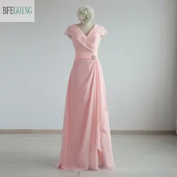 Pink Chiffon A-Line Bridesmaid Dress Floor-Length V-Neck Cap Sleeves  Real/Original Photos Custom Made