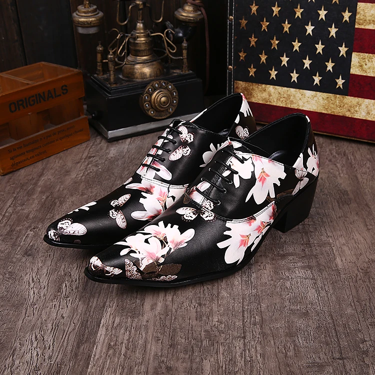 

Elegant floral mens shoes high heels mixed color pointed toe oxford sapato masculino wedding formal shoes men italian brogues