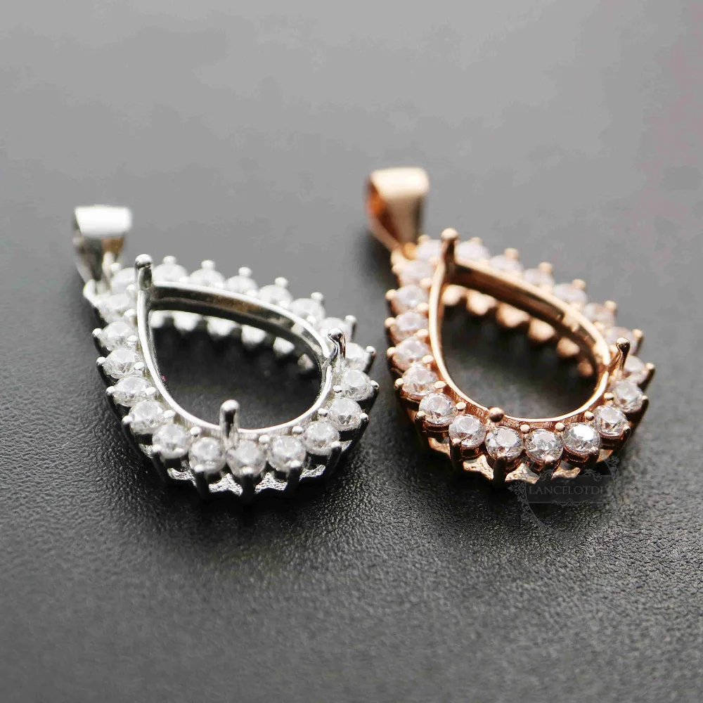 Rose Gold Silver Tear Drop Shape Prong Bezel Settings for CZ Stone Solid 925 Sterling Silver DIY Pendant Charm Tray 1431031