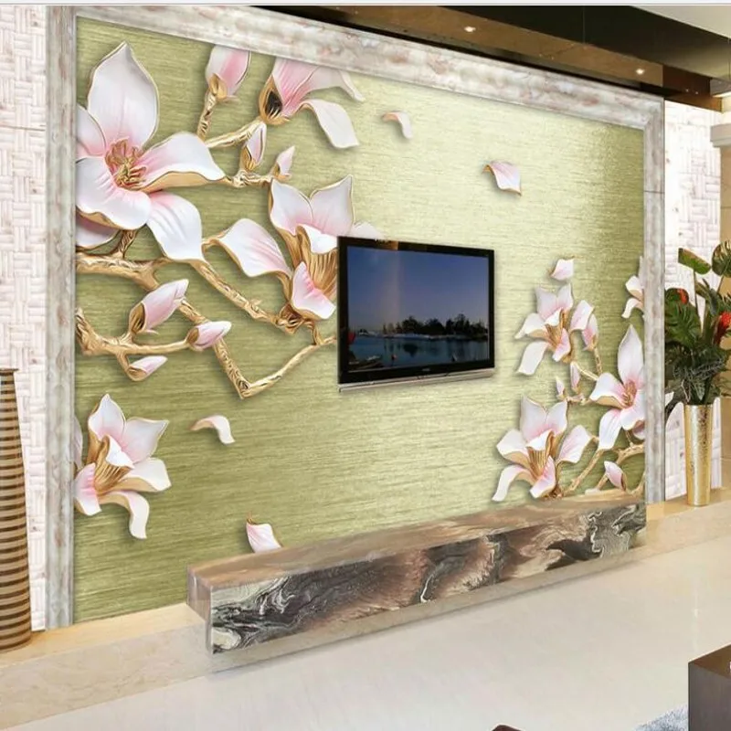 

wellyu Custom large fresco relief drawing blue magnolia flower TV backdrop nonwovens environmental wallpaper papel de parede