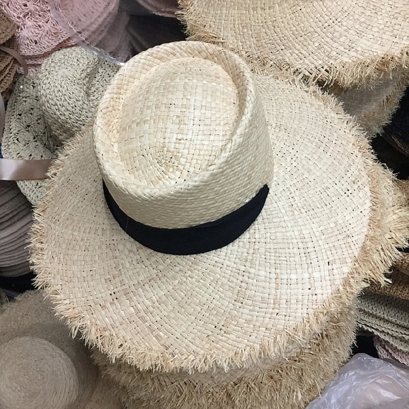 Natural Women Sun Hat Raffia Long Black Beige Ribbon Tie Sun Beach Hat Ladies Fringed Wide Brim Straw Hat Summer Travel Hat Cap