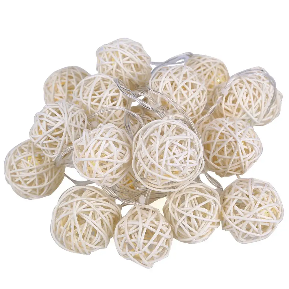 LED Battery String Lights 2M 20pcs White Handmade Rattan Balls String Lights Fairy Party Wedding Patio Christmas Decor