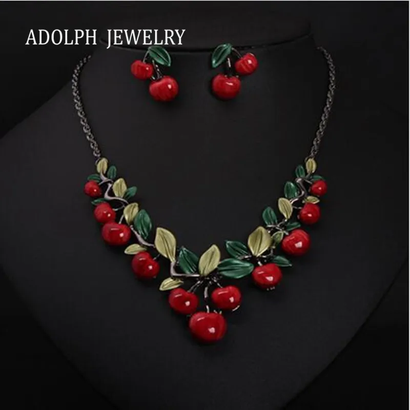 ADOLPH Jewelry 2015 New Design Gem Fresh Cherries Choker Statement Necklace For Women Popular Maxi Necklace With Earrings