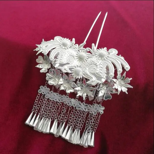 Miao Silver Colour Hair Accessories Women Tassel Hairpin 15*18CM Chinese Hmong Headwear Dance