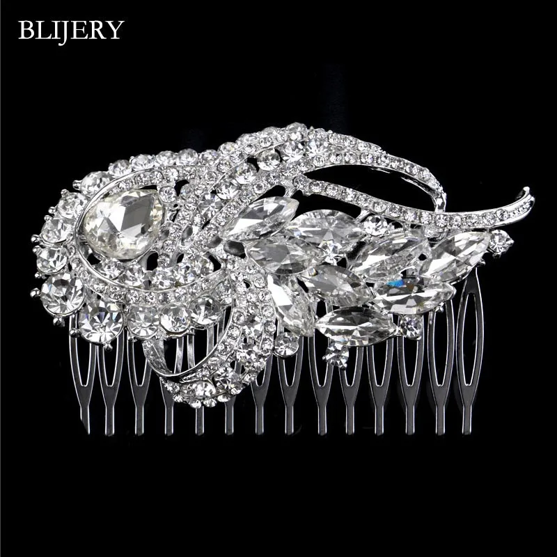 BLIJERY Large Rhinestone Crystal Bridal Hair Accessories Siver Color Floral Hair Combs for Women Prom Wedding Hair Jewelry