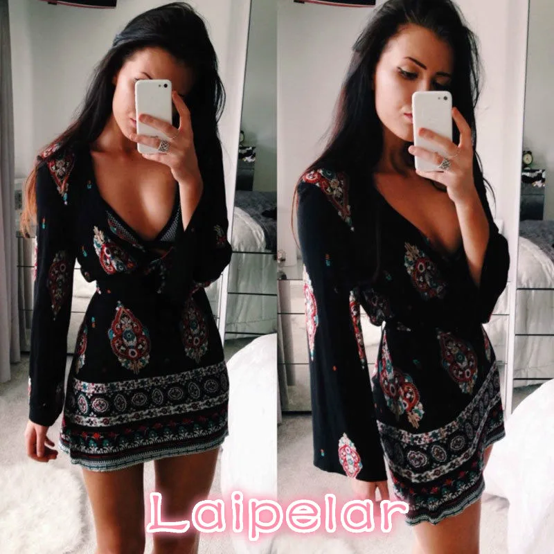 

New Fashion Women Sexy Deep V Neck Long Flare Sleeve Boho Print Mini Dress Cocktail Party Exotic Charm Short Mini Dresses