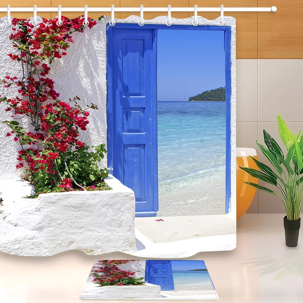 Red Flower Blue Greek Door with a Sea View on Island Shower Curtain With Bathroom Mat Set Waterproof Fabric For Bathtub Decor