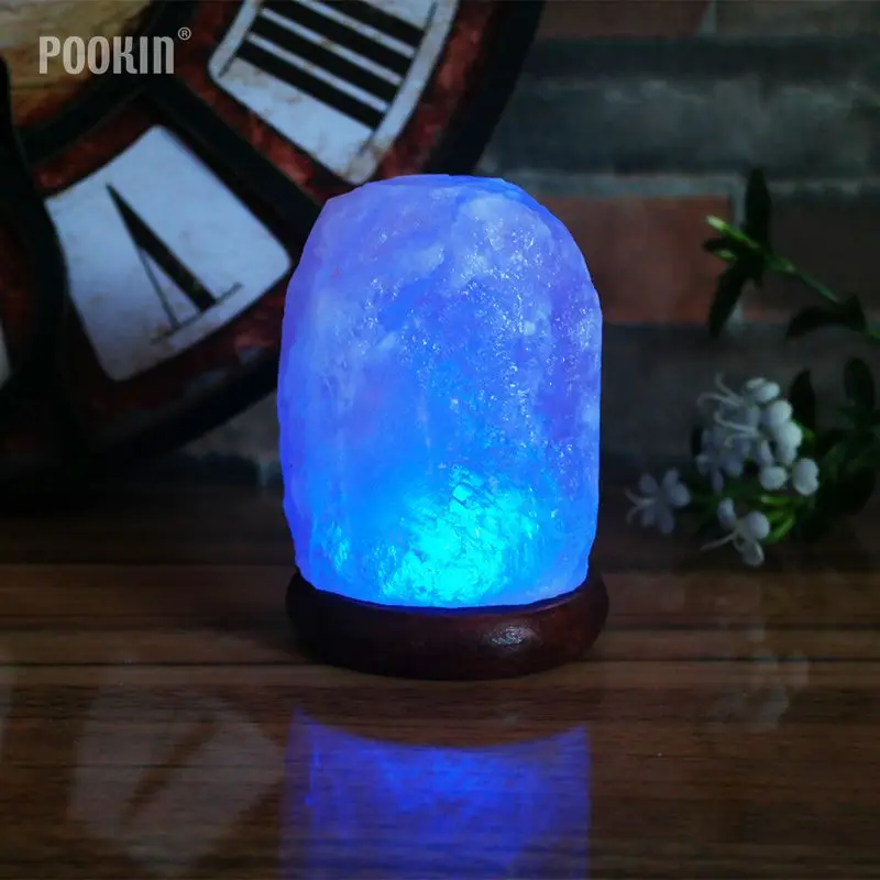 LED Changeable Colors  Himalayan Crystal Rock Salt Lamp Natural Hand Carved USB Wooden Base  Air Purifier Night Light