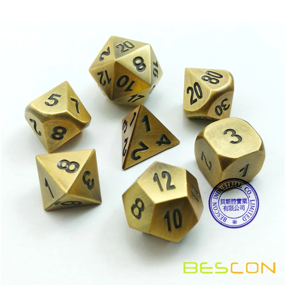 

Bescon Brass Solid Metal Polyhedral D&D Dice Set of 7 Copper Metal RPG Role Playing Game Dice 7pcs Set