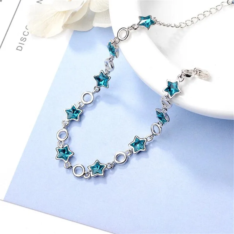 New Arrival Fashion Atmosphere Flash 925 Sterling Silver Jewelry Blue Five-pointed Star Crystal Sweet Bracelets SL025