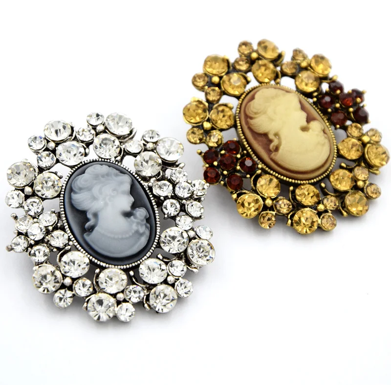 

Retail!!Fashion Antique Gold Silver Vintage Brooch Pins Female Brand Jewelry Queen Cameo Brooches Rhinestone For Women