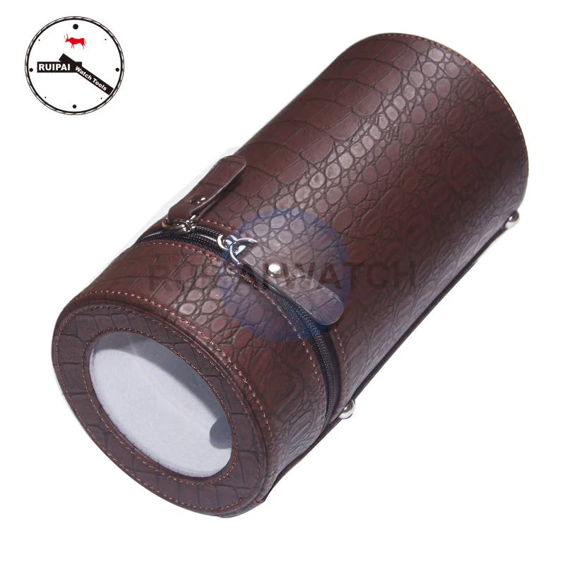 Brown PU Leather 3 Modes Automatic Self  Winding Box,Watch Storage Tools Round Type Portable Watch Winder