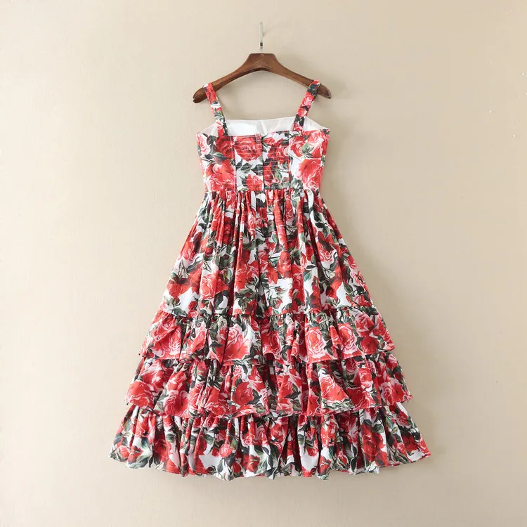 デザイナー滑走路ドレス高品質 2025 新しい夏の女性のストラップ花柄プリントカスケードフリルカジュアルドレス SAD313N