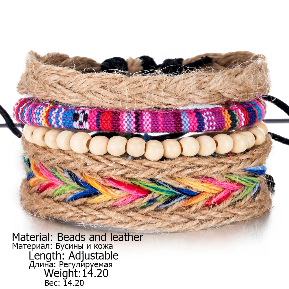 ALIUTOM 4PCS/Set Colorful Beaded Multilayer Handmade Hemp Rope Woven Bracelets Hippy Boho Embroidery Cotton Friendship Bracelets