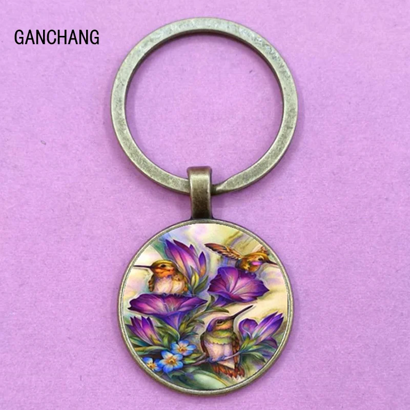 Keychain hummingbird photo convex round glass pendant key ring bracket