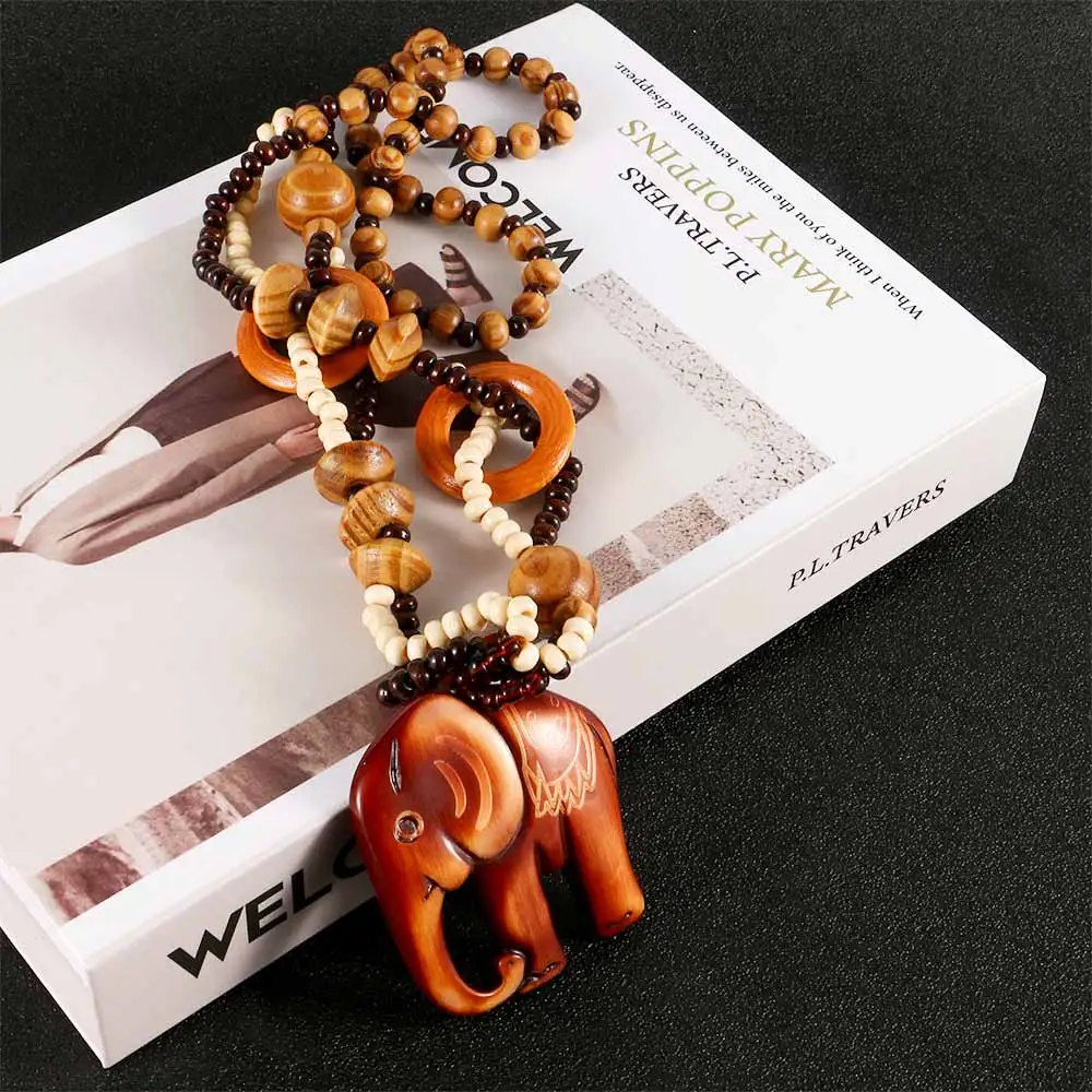 Women 1 PC Bohemia Necklace Jewelry Ethnic Style Long Hand Made Bead Wood Elephant Pendant Necklace Jewelry