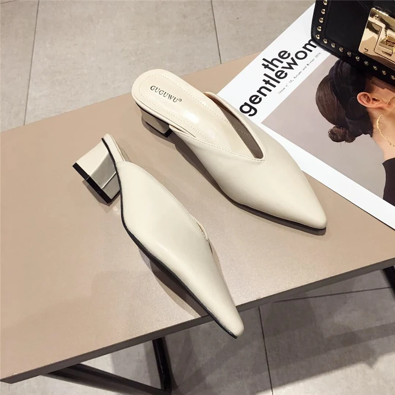 2021 Summer Elegant Women Nude Beige Pointed Toe Slipper Mules Block Low 5cm High Heels Luxury Brand Outsides Beach Slides Shoes