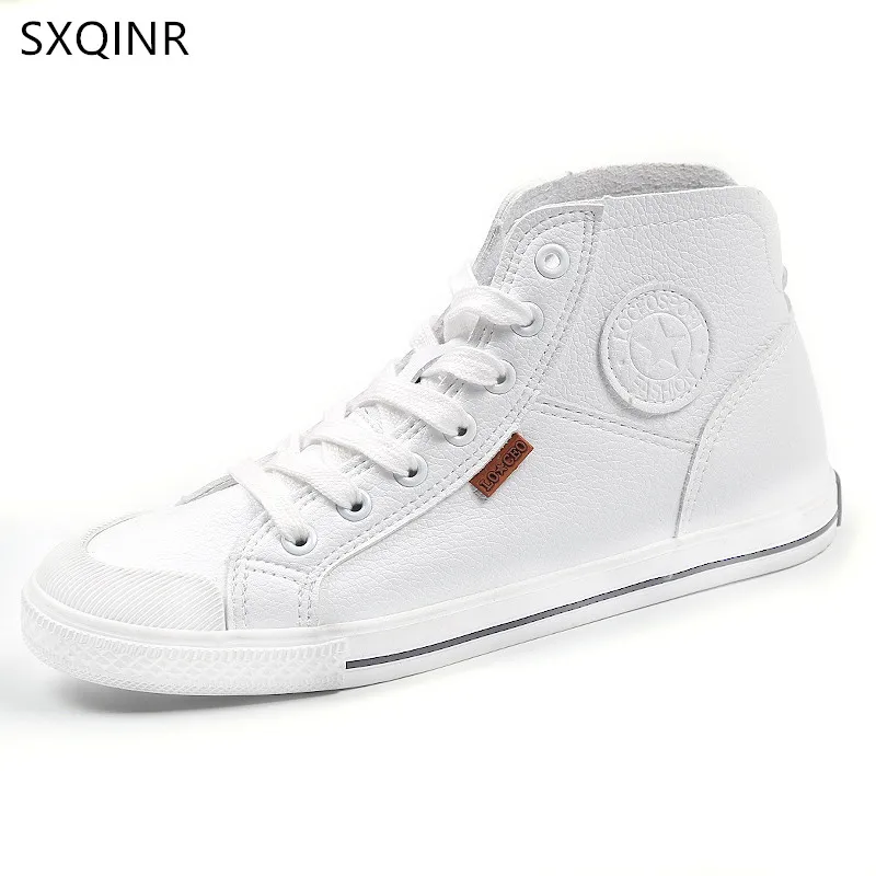 New Spring Autumn Fashion White Leather Trainers Sneakers Women Casual Shoes Black Breathable High Top Women Sneakers