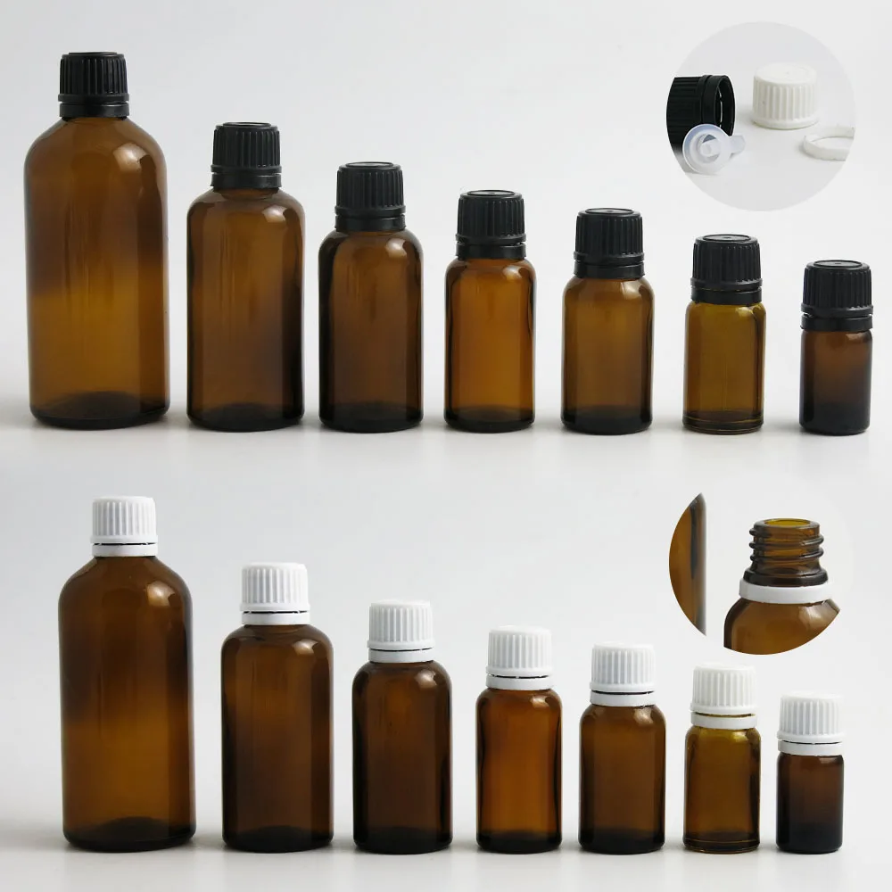 

200 x 100ML 50ML 30ML 20ML 10ML 5ML l Empty Small Amber Boston Round Glass Essential Bottle White Black Tamper Evident Cap