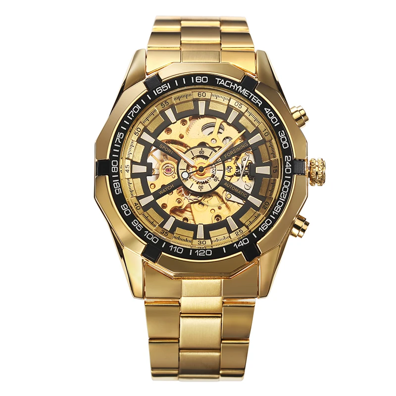 Luxury Brand WINNER Antique Skeleton Mechanical Watches Men Stainless Steel Golden Band Wristwatch Relogio Masculino