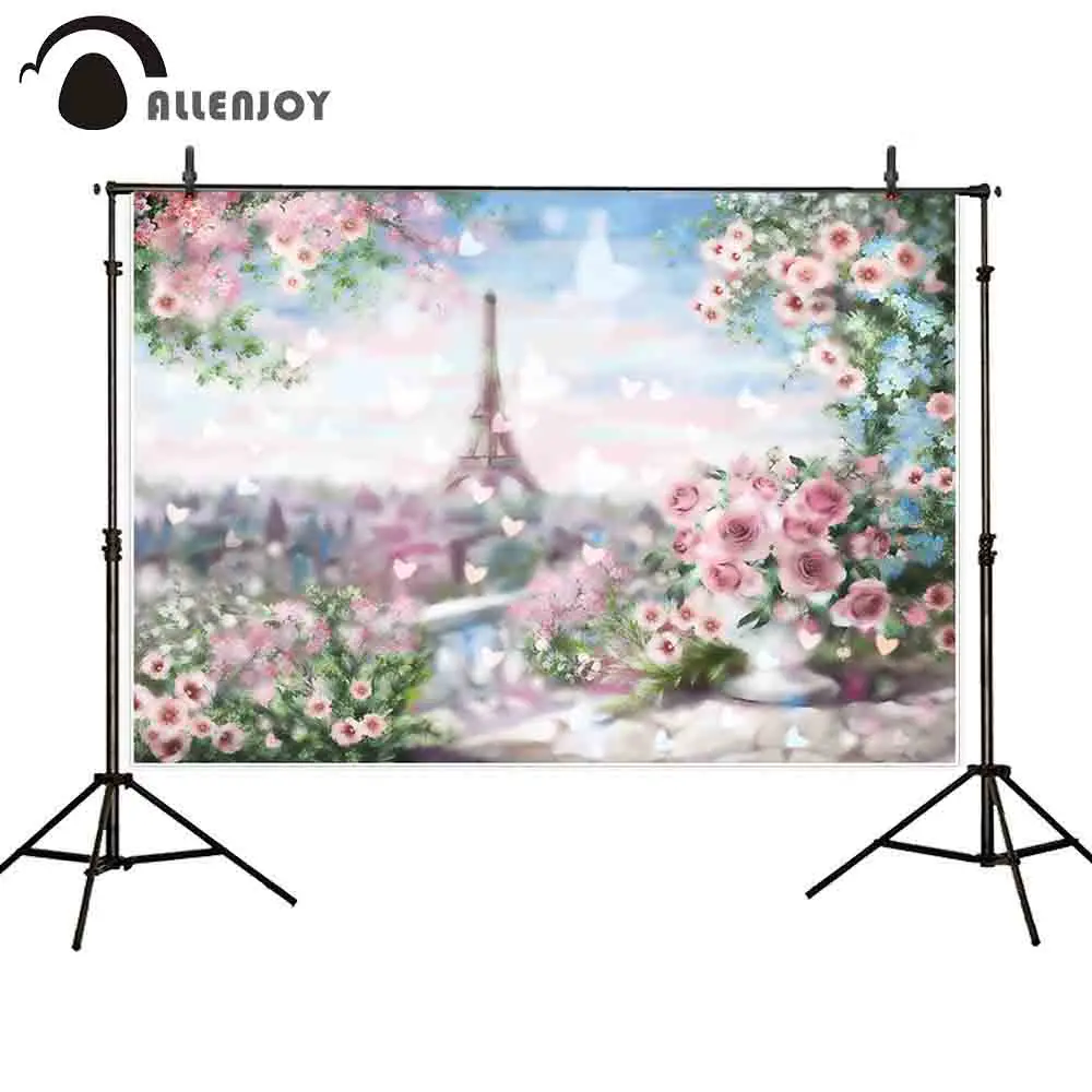 

Allenjoy wedding backdrop photocall bokeh romantic Paris Eiffel Tower flowers spring love photography background photo shoots