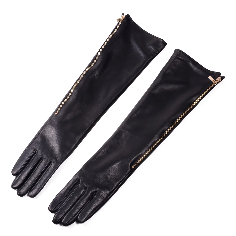 Novelty Female Winter Genuine Leather Side Golden Zipper 45CM Long Gloves For Women Mujer Evening Party Black Sleeve Thin Luvas