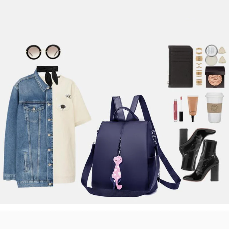 Yogodlns Frauen Rucksack Neue Mode Oxford Tasche Einfarbig Reise Rucksack Damen Kleinen Rucksack Mit Katze Anhänger – Detail 31