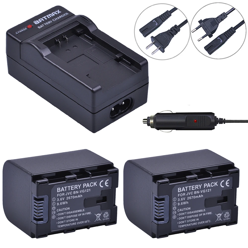 2Pcs 2670mAh BN-VG121,VG121U,VG121US Battery + Wall Charger Kits for JVC Everio GZ-E Series BN-VG138 BN-VG107U VG114 Camcorders