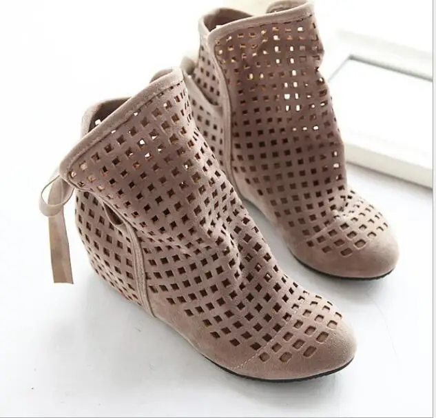 size 34-43 Women\'s Boots Summer Cute Flock Flat Low Hidden Wedges Solid Cut-outs Ankle Boots Ladies Dress Casual Shoes 3 colors