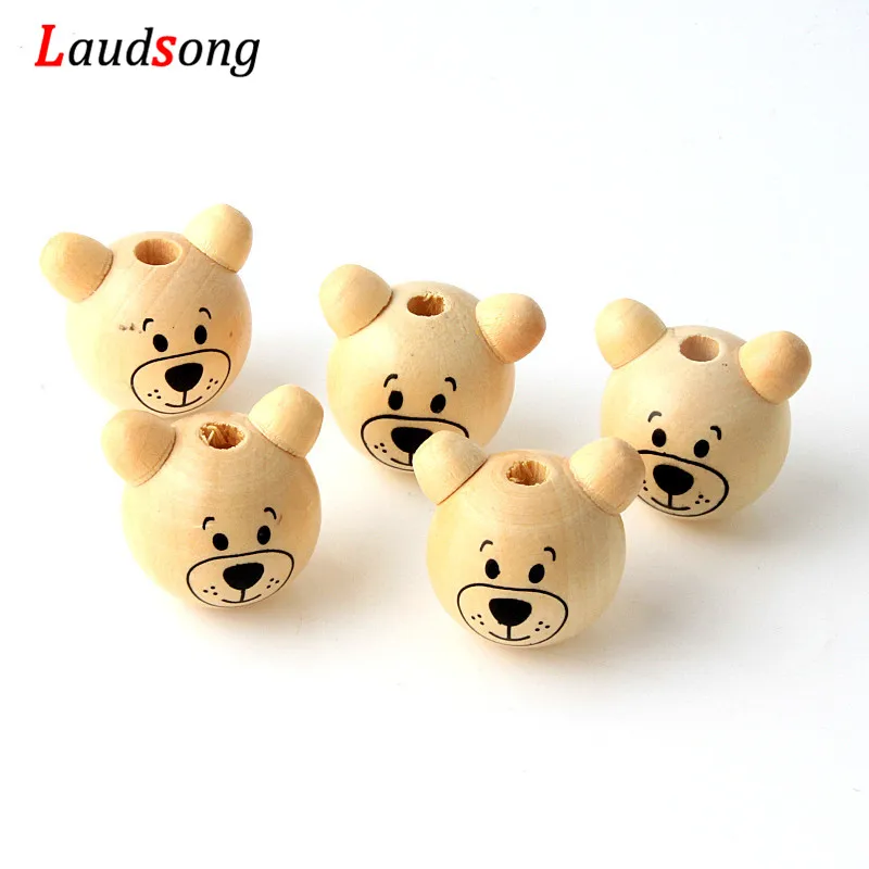 3D Bear Wooden Ball 5PCs Smiling Face Wood Spacer Beads For Jewelry Making Pacifier Clip Fit Kids Chain