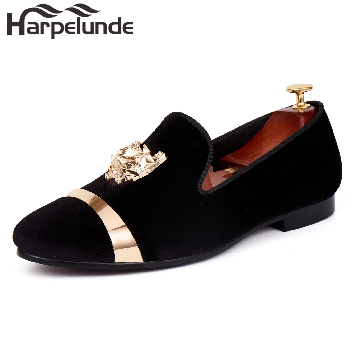 Harpelunde Men Flat Shoes Animal Buckle Blue Velvet Dress Loafers With Gold Plate Size 6-14