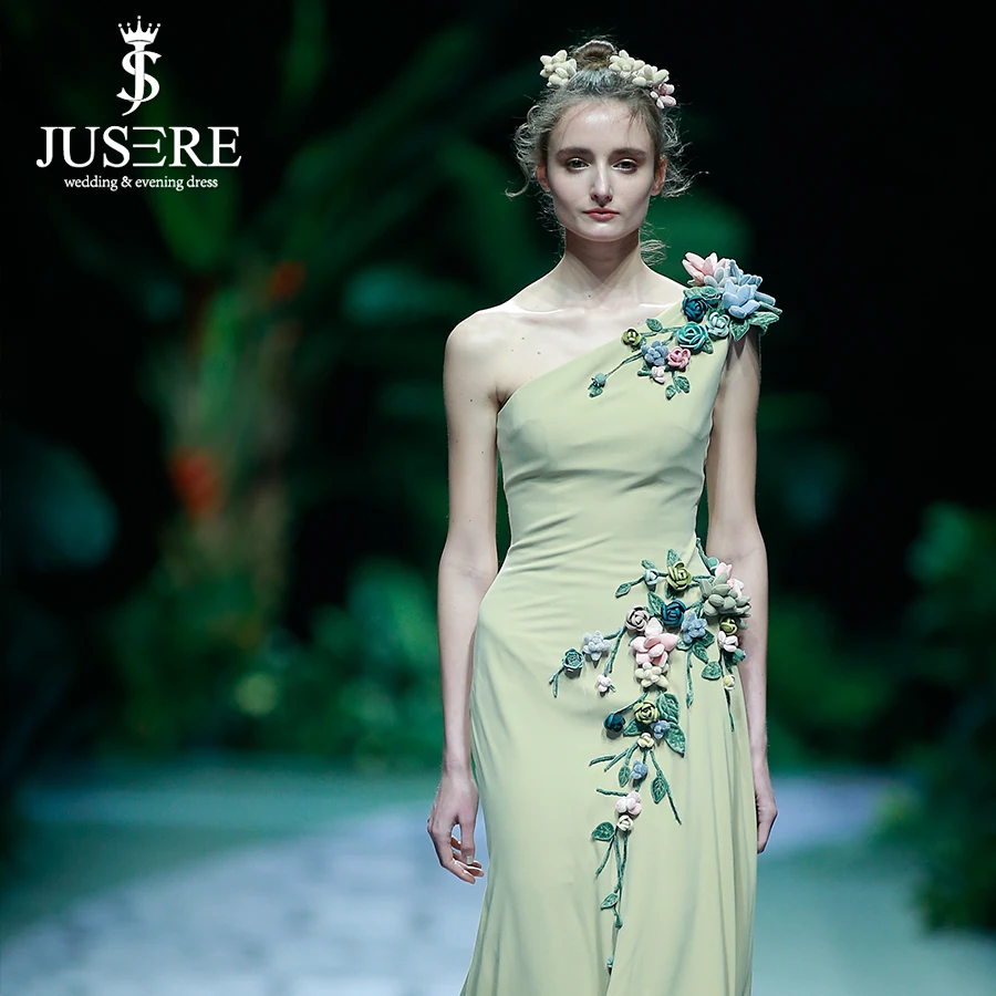 Fashion Show Elegant One Shoulder 3D Flower Decoration Sheath Long Train Mustard Green Evening Dress