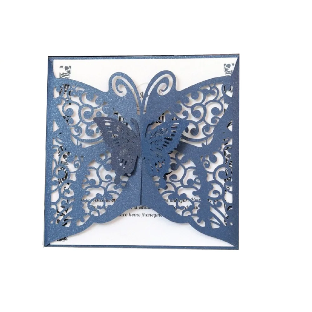 Navy Blue Butterfly Design Square Laser Cutting Hollow Wedding & Engagement Cards 4 Colors Business Cards