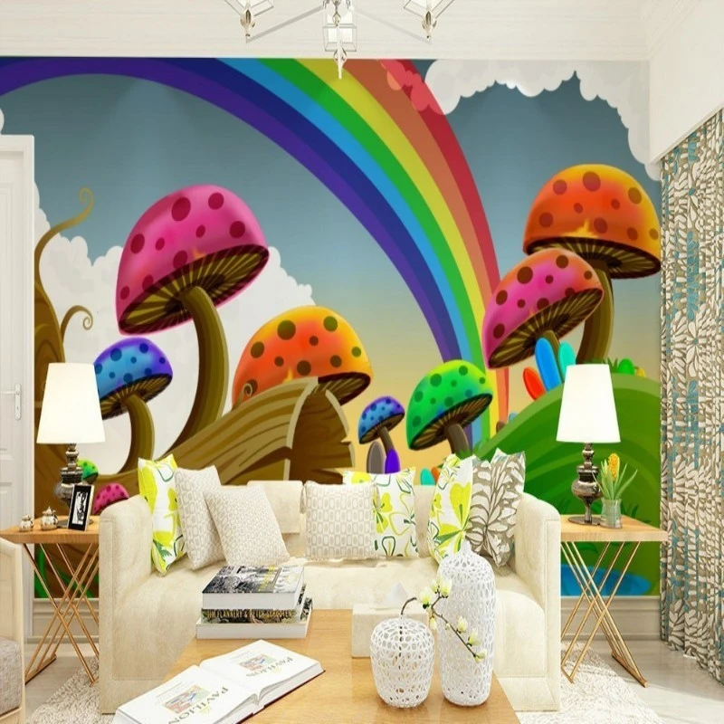 

Home decoration wallpaper mural photo cartoon hand - painted rainbow mushroom house children wallpaper murals Beibehang