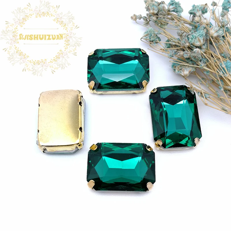 Malachite green Rectangle shape Glass Crystal sew on rhinestones with FOUR gold claw Diy wedding dress accessories