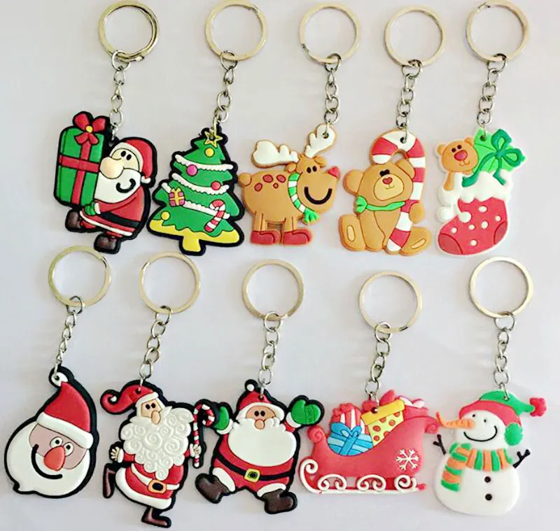 Fastshipping 500pcs Mixed 10 Designs 5cm Santa Claus Key Chains Christmas Gift Soft Pvc Keychain Kids Toys Tree Ornaments