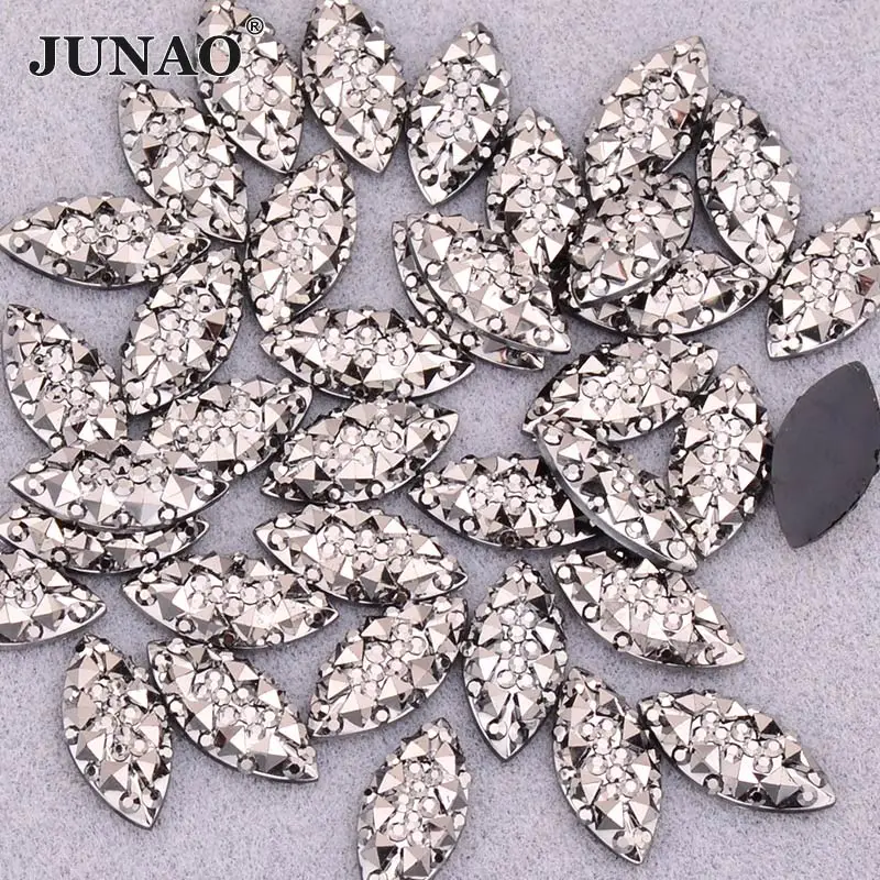 JUNAO 7*15mm 100pcs Gun Black Color Resin Flatback Rhinestones Horse Eye Crystal Stones Applique Non Hotfix Strass DIY Crafts