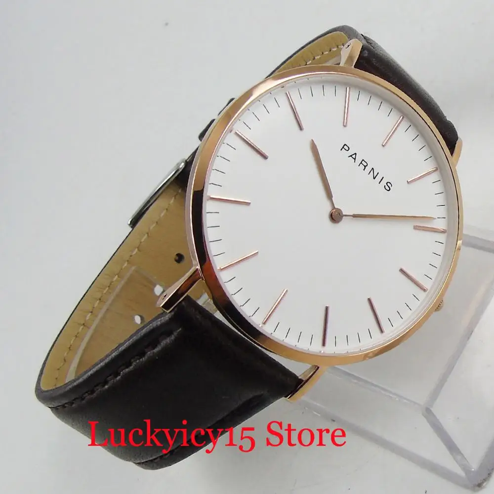 PARNIS Dress 41mm Quartz Men\'s Watch With Golden Watch Case Golden Marks Simple Dial Leather Strap