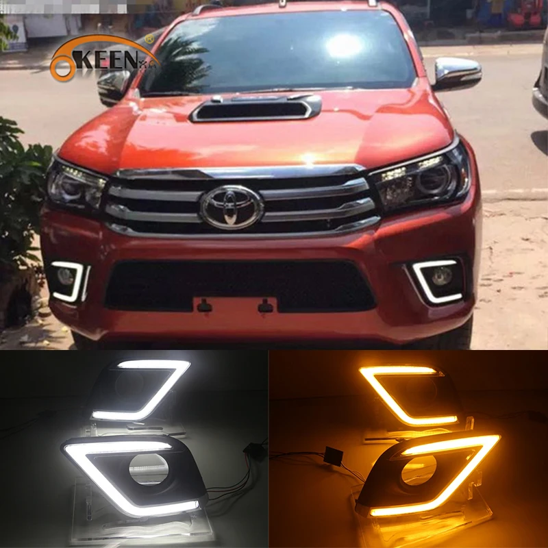 OKEEN 2pcs Car LED Daytime Running Light for Toyota Hilux Revo Vigo 2015 2016 2017 DRL White Amber Turn Signal Light Fog Lamp