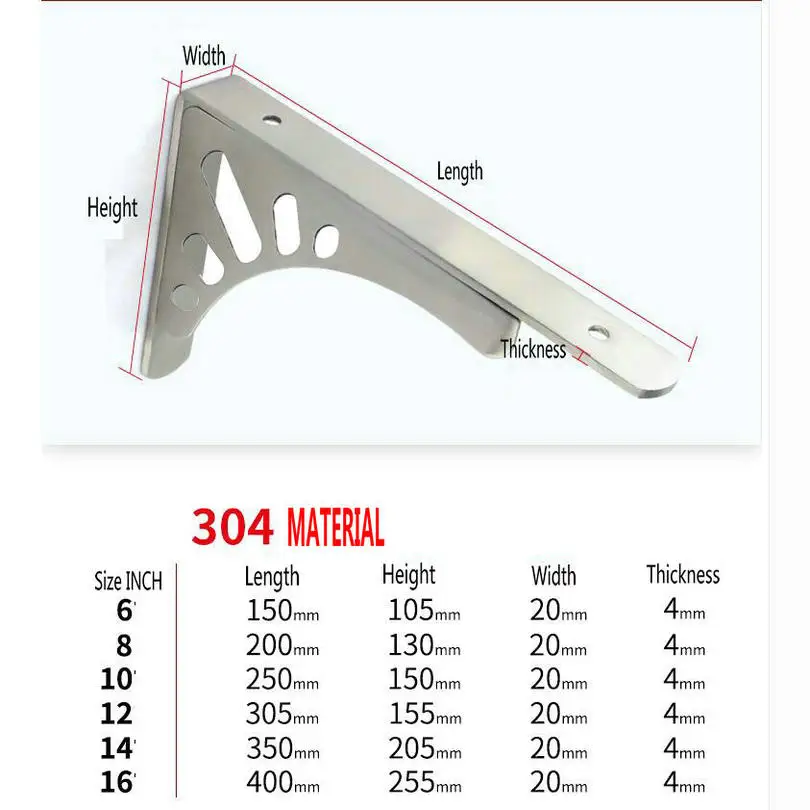 2PCS 6-16INCH SUS304 Stainless Steel Shelf Bracket L Shape Thickened Corner Right Angle Two Ways Use Bracket Up Down Hold Rack