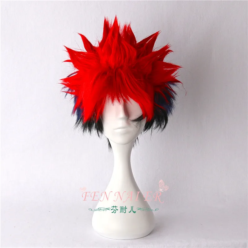 Shokugeki Geen Soma Yukihira Souma Cosplay Pruik Voor Mannen 30Cm Korte Rechte Hittebestendige Synthetisch Haar Blauw Rood Gemengde + Pruik Cap