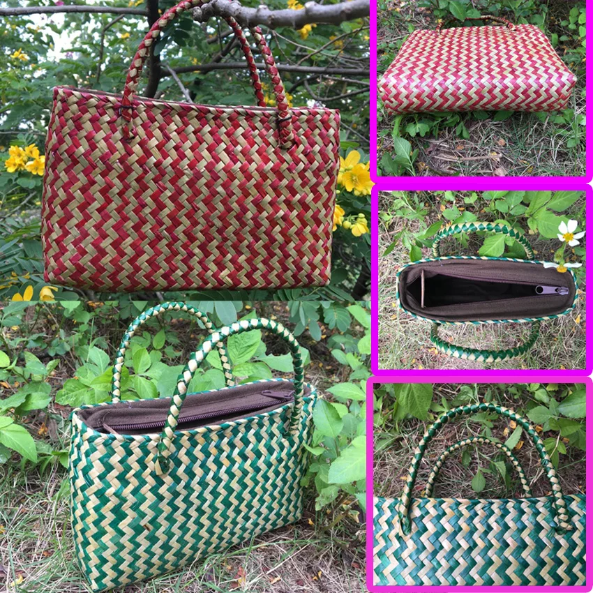 

Pure hand-woven handbag retro fashion natural seaweed knit bag fans women's travel holiday beach bag